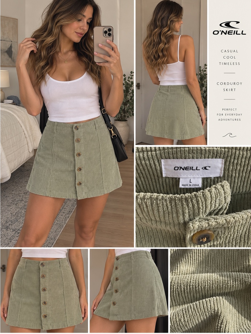 O'Neill Sage Green Corduroy Button-Front Mini Skirt
